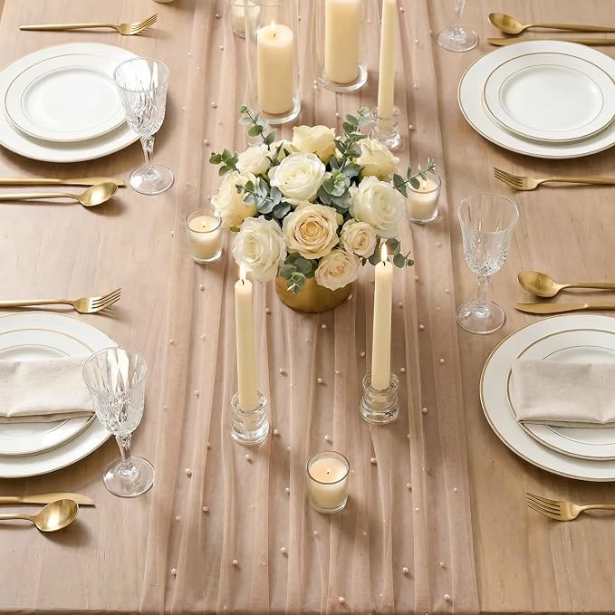 Artoid Mode Pearl Tan Gauze Table Runner 120 Inch 10FT, Seasonal Sheer Dining - Image 3