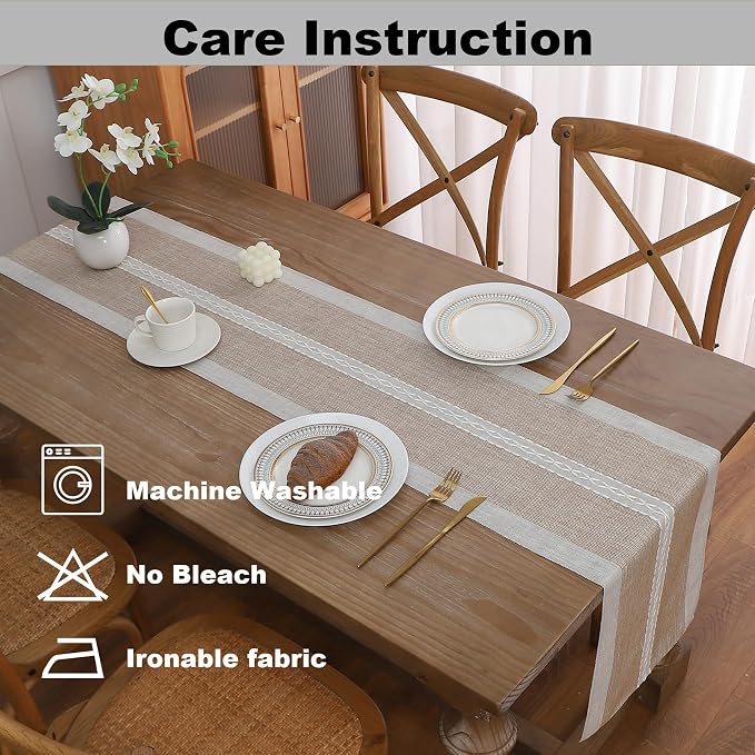 Gernaice 2PCS Boho Table Runner, Rustic Cotton Linen Farmhouse Table Runners - Image 5