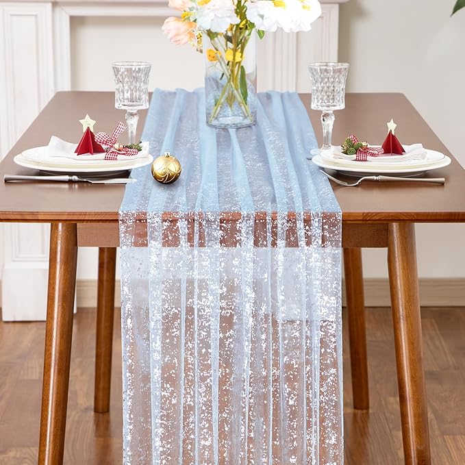 SiinvdaBZX Light Blue Sheer Tulle Table Runner 120 Inch/10 Ft Long | Gauze - Image 3
