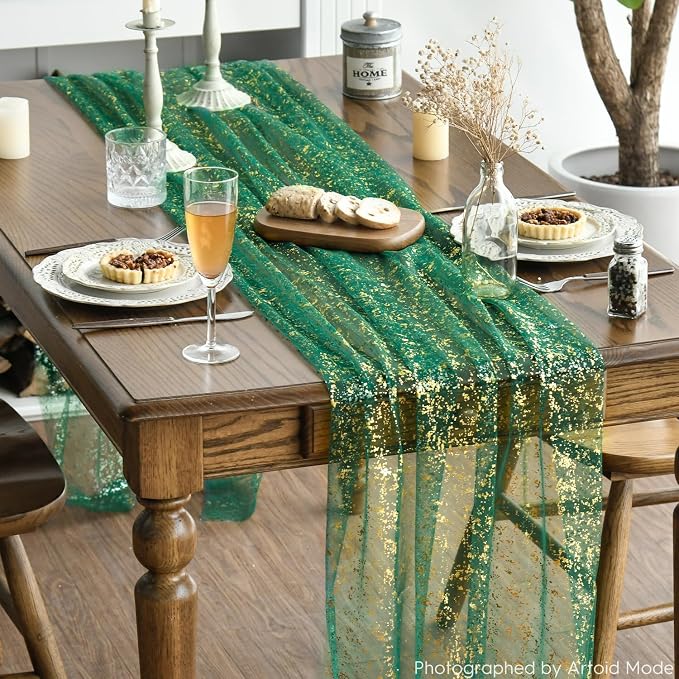 Artoid Mode 3PCS Green Gold Gauze Table Runner 120 Inch 10FT, Glitter Metallic - Image 2