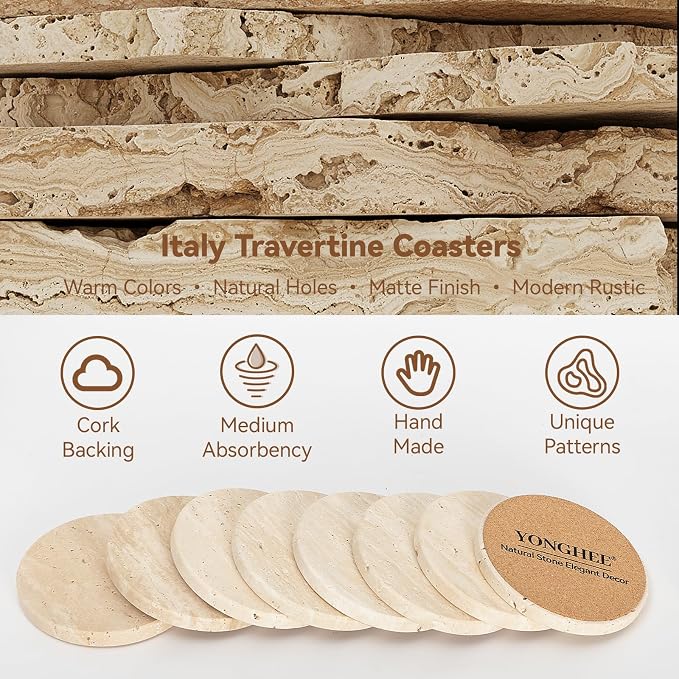 Natural Travertine Stone Coasters Set of 8, Warm Beige, Cork Backing, Stylish & - Image 3