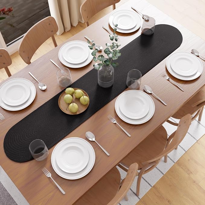 Encasa XO Table Runner, Handmade Ribbed Cotton 12"x54" | Black, Heat & Scratch by EncasaXO