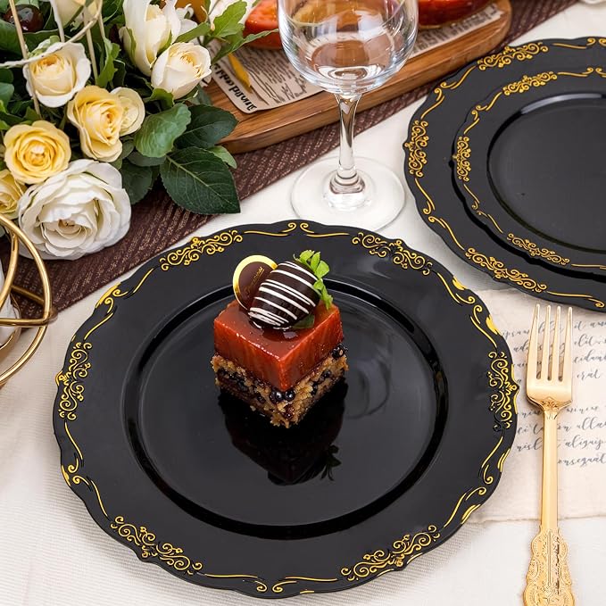 DaYammi 60PCS Black and Gold Plastic Plates, Heavy Duty Black and Gold - Image 3