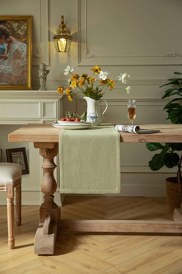 Burlap Style Farmhouse Table Runner, 14x36 Inches Light Sage Green | Thick - Image 2