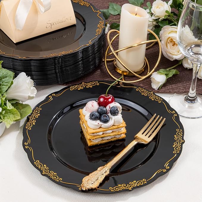 DaYammi 60PCS Black and Gold Plastic Plates, Heavy Duty Black and Gold - Image 8