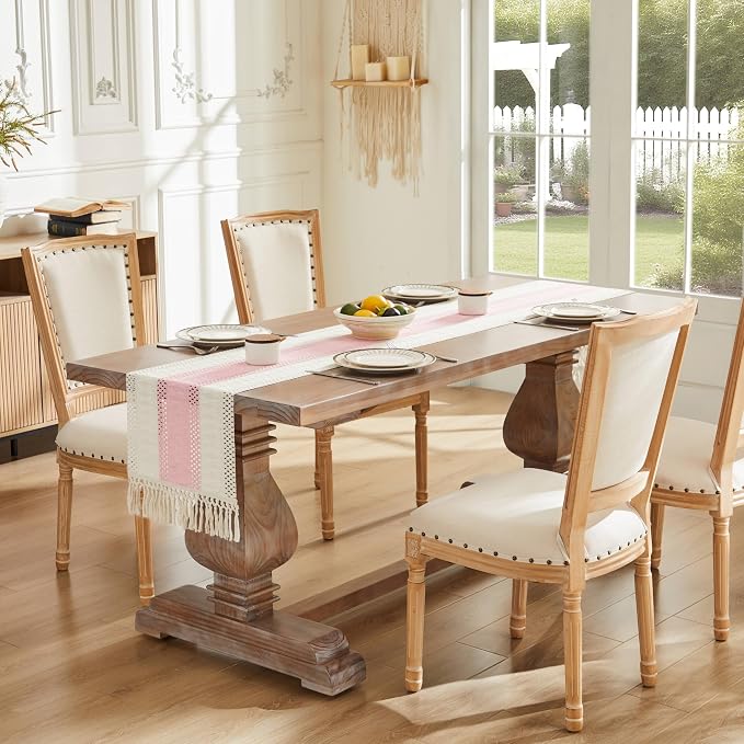 Macrame Style Bicolor Stitching Table Runner 14x108in Light Pink | Woven Boho - Image 2