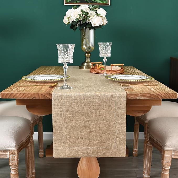 NEWISHER Farmhouse Rustic Faux Linen Solid Flaxen Table Runner 13x48inch | - Image 3