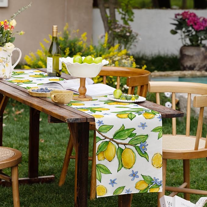 Summer Amalfi Coast Lemon Fruit Table Runner, Seasonal Green Leaves Burlap - Image 6