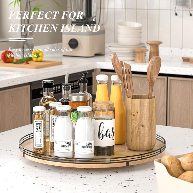 AMH 21-Inch Extra Large Farmhouse Oak Lazy Susan Organizer | Smooth rotating - Image 4