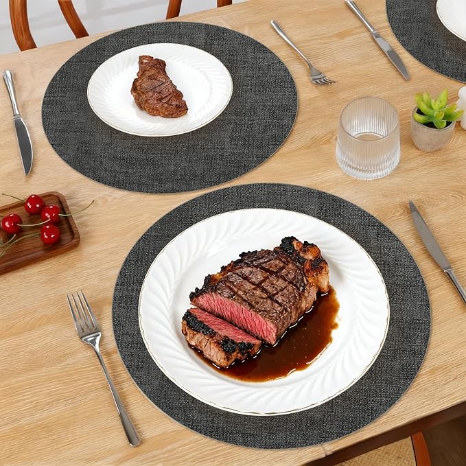 Maxpearl Faux Leather Round Placemats Set of 6, 13.8 inch, Dark Grey | - Image 9