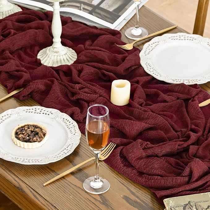 Artoid Mode 6PC Boho Cheesecloth Gauze Burgundy Wedding Table Runner, 120 Inch - Image 2