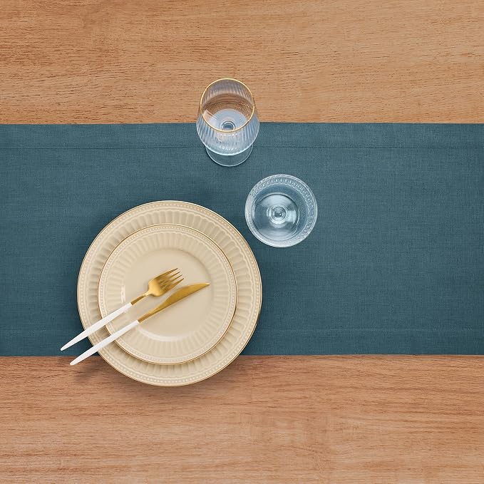 Solino Home 100% Linen Table Runner Peacock Blue Woven, Fete 14 x 48 in | Table - Image 5