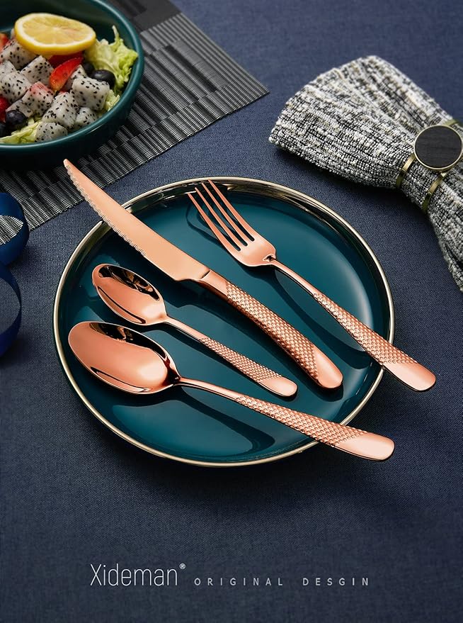 16-Pc Modern Copper Hammered 18/10 Stainless Steel Silverware Set | Ultra Sharp - Image 2