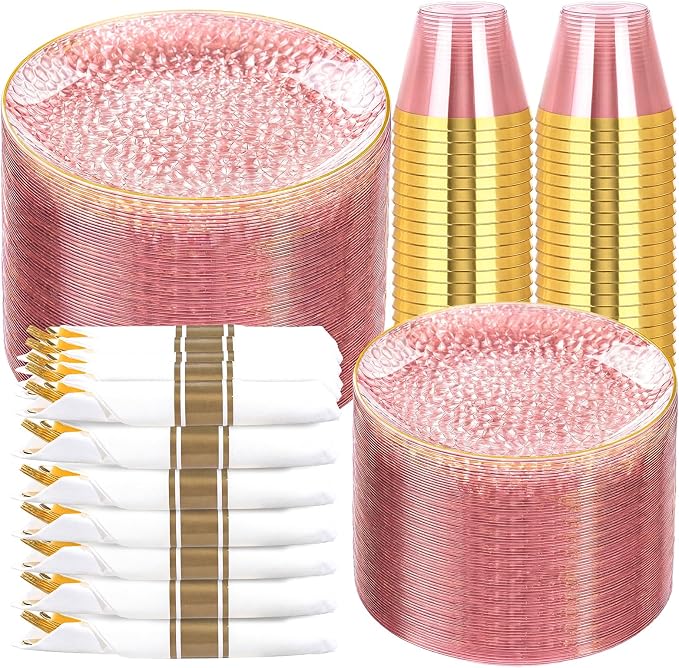 Rubtlamp 700Pcs Pink Gold Plastic Plates, Fancy Hammer Party Plate, 100Salad by Rubtlamp