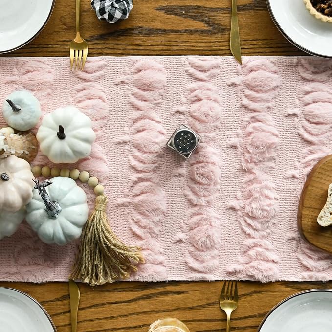 Artoid Mode Pink Soft Faux Fur Pumpkins Fall Table Runner 13x90 Inch | Seasonal - Image 2