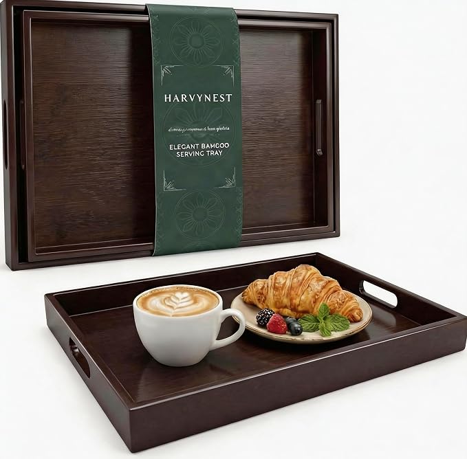 Dark Brown Bamboo Serving Tray Set of 2 by Harvynest