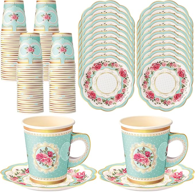 Tioncy 100 Pcs Tea Party Decorations Include 50 Pieces 9 oz Paper Tea Cups by Tioncy