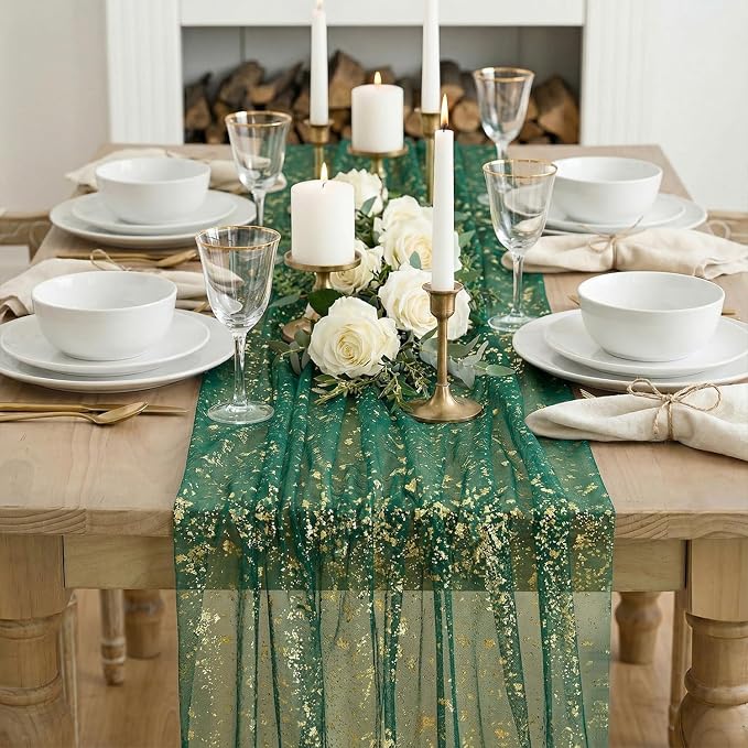 Artoid Mode Green Gold Gauze Table Runner 59x120 Inch 10FT, Glitter Metallic - Image 3