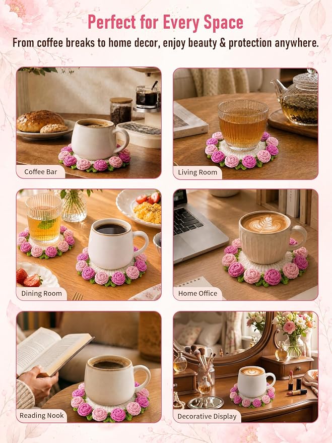 Crochet Flower Bouquet Coasters, Cotton Rose Gifts - Image 8