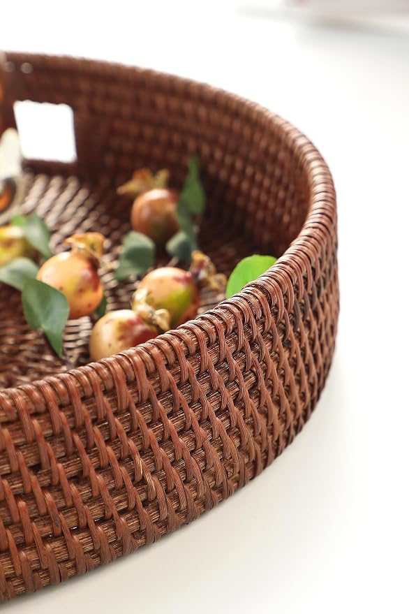 HITOMEN Hand-Woven Round Rattan Serving Tray Decorative Ottoman Wicker Platter - Image 4