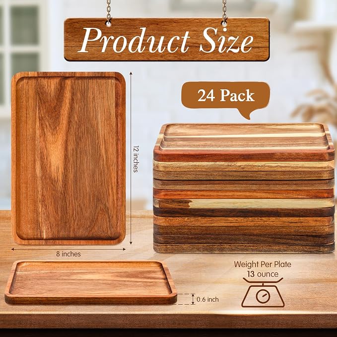 Roshtia 24 Pcs Acacia Wood Serving Tray Rectangular Wooden Serving Platter - Image 2