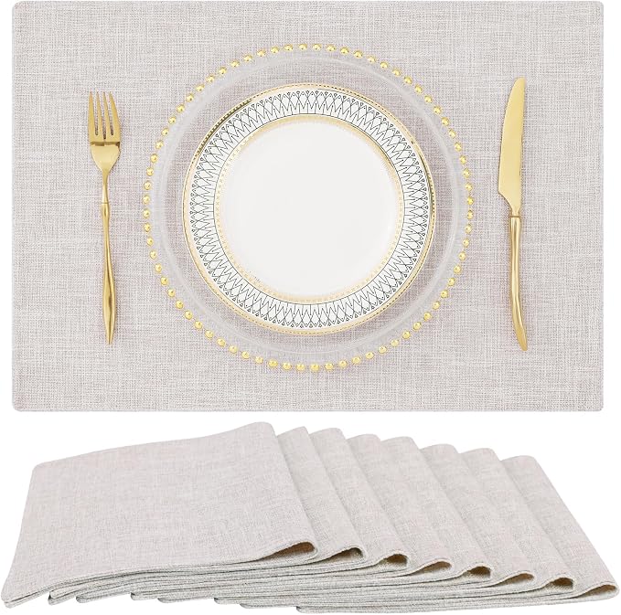 Faux Cotton Linen Placemats Set of 8, Cloth Washable Farmhouse Dining Table Mats by homing