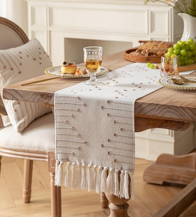 Boho Table Runner 13 x 90 Inch Long Natural Cotton Woven Runner - Image 2