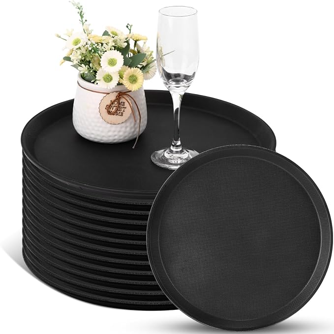 20 Pcs Black Restaurant Serving Trays Bulk Plastic Non Slip Surface Round Drink by Unknown