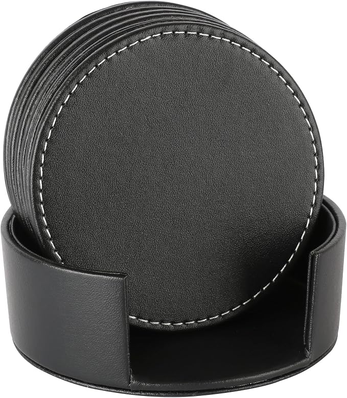 Durable Round Black Leather Coaster by AUMISKY
