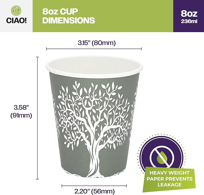 CIAO! 8oz Paper Hot Cup, Rooted Olive Print - Image 4
