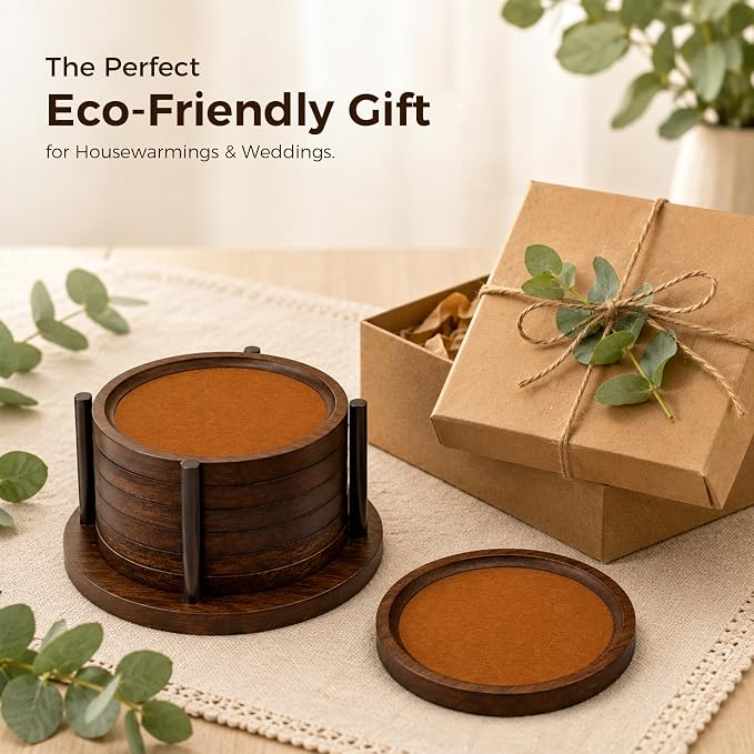MinBoo Bamboo Coasters for Coffee Table Set of 6 Coasters for Drinks Absorbent - Image 7