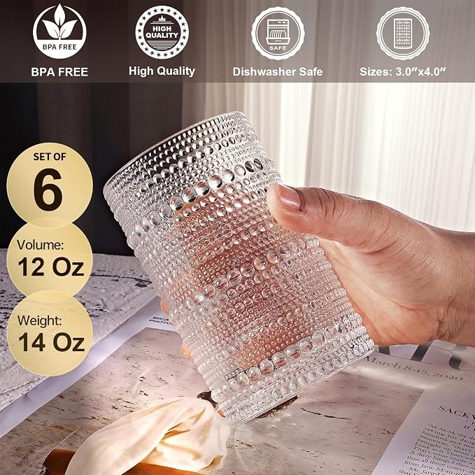 OPAYLY hobnail drinking glasses Highball Glasses Set of 6 12oZ Embossed Vintage - Image 2