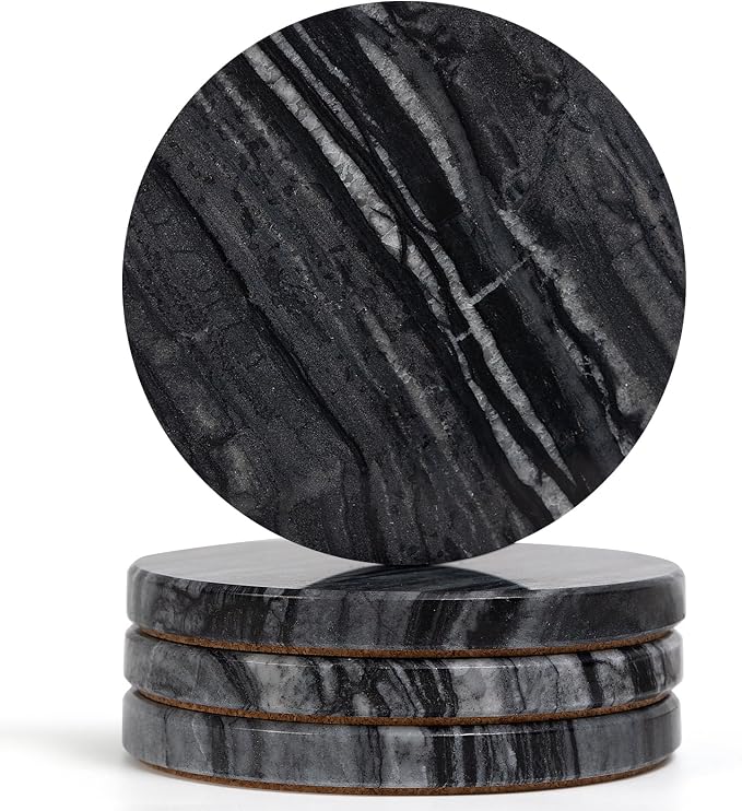Black Marble Coasters Set of 4, Elegant Black & Dark Gray Coasters by YONGHEE