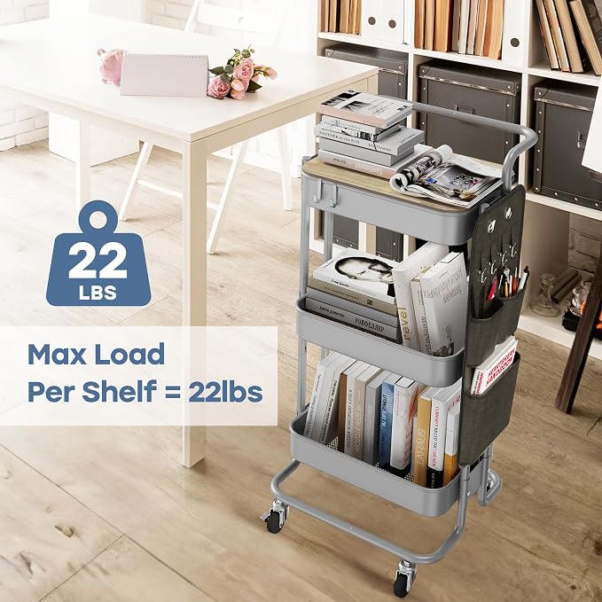DTK 3-Tier Rolling Cart with Table Top, Metal Utility Cart with Side Bags | - Image 3