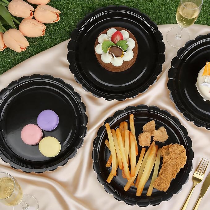 52 Pcs Black Paper Plates 7 Inch Scalloped Dessert Plates - Image 4