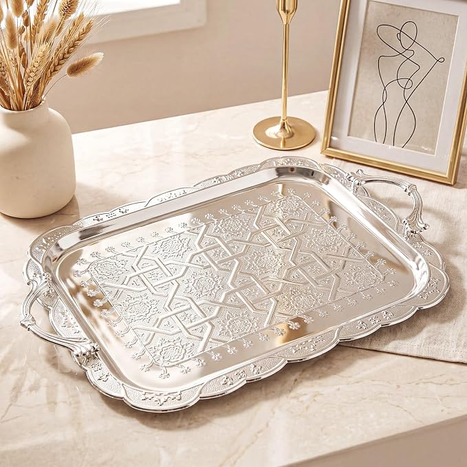 4 Pack Serving Tray with Handles 15.2 x 12.2 Inch Large Metal Plate Floral - Image 2