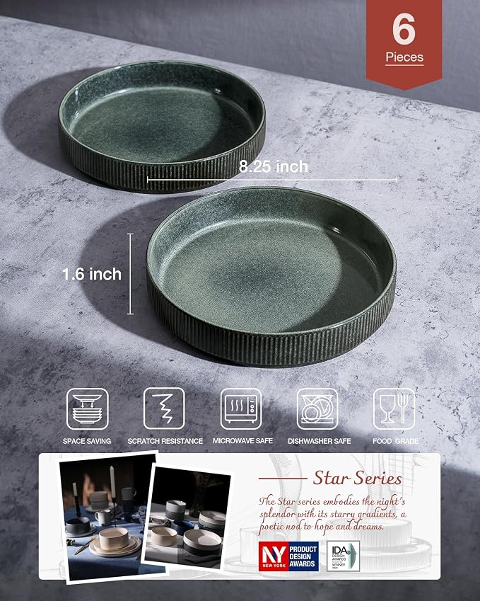 famiware Star 8.25" Pasta Bowls Set of 6, Bowl Plates, Deep Forest | Microwave - Image 2