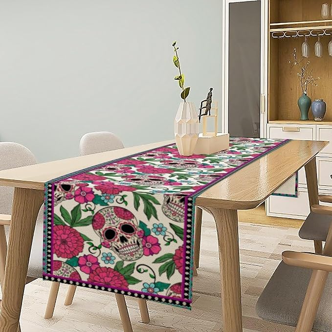 YCness Dia De Los Muertos Table Runner Red Floral Cinco De Mayo Rustic Linen - Image 4