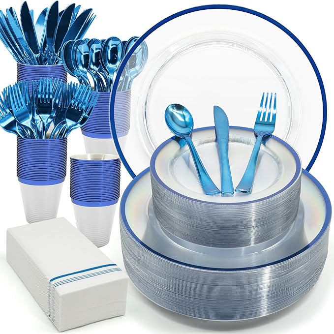AIRE Blue Gold Plastic Plates Set, sturdy leakproof cutlery, fancy party by AIRE