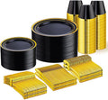 WELLIFE Black and Gold Plates, Plastic Dinnerware Set by WELLIFE