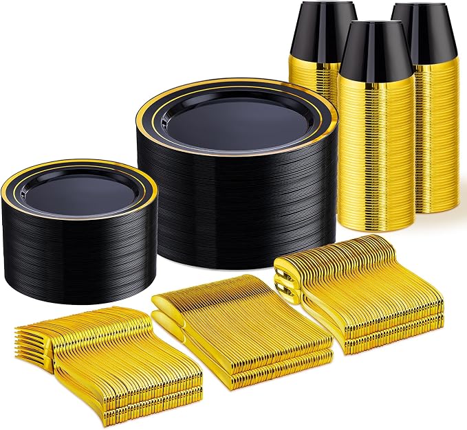 WELLIFE Black and Gold Plates, Plastic Dinnerware Set by WELLIFE