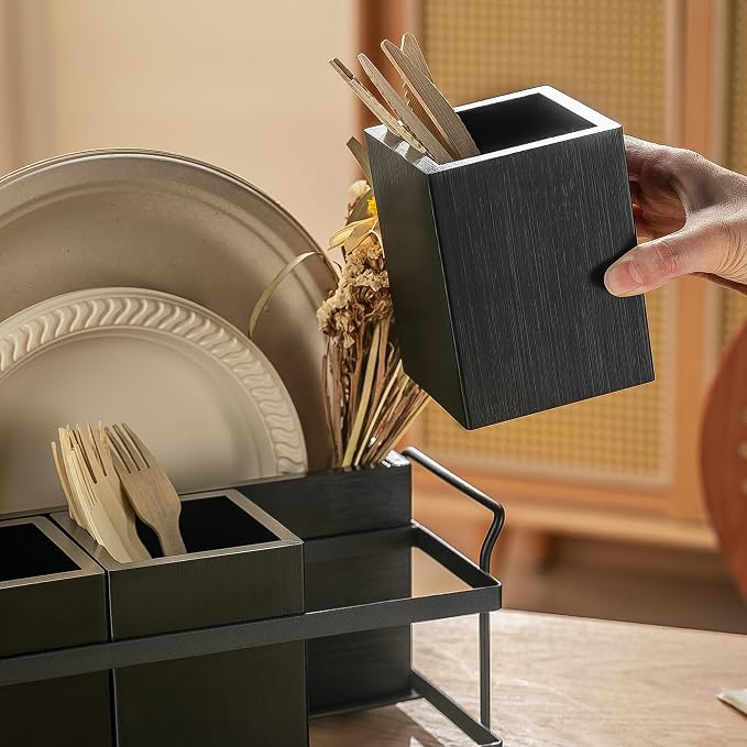 PTSTING Silverware Caddy Black Wood Silverware Holder Paper Plate Dispenser | - Image 5