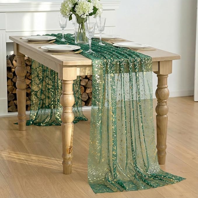 Artoid Mode Green Gold Gauze Table Runner 59x120 Inch 10FT, Glitter Metallic - Image 5