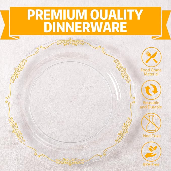 U-QE 100PCS Clear Gold Plastic Plates - Image 2