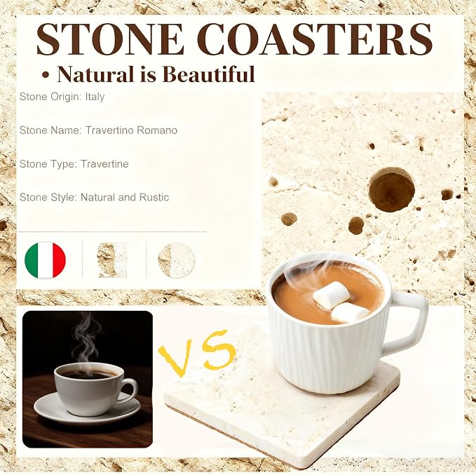 Travertine Stone Coasters Set of 2, Durable Non-Slip Cup Mats, Table Protection - Image 5