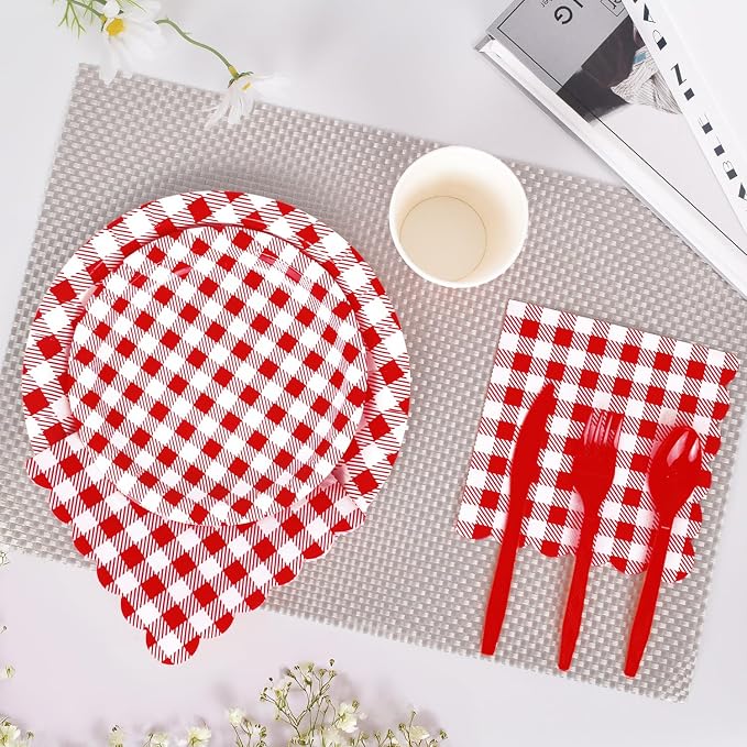Vyntra 350 Pcs Red & White Checkered Gingham Paper Plates and Napkins Set - Image 4