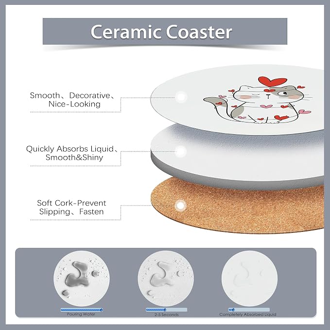 6 Pcs Coasters for Drinks with Holder, Sweet Cat in Love Cute Absorbent Coaster - Image 3