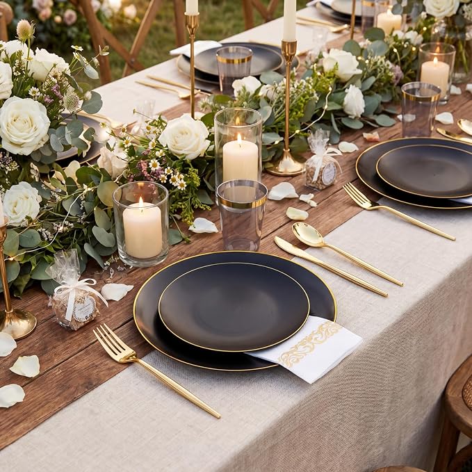 EI 350Pcs Black and Gold Matte Frosted Plastic Plates Disposable Heavy Duty - Image 2