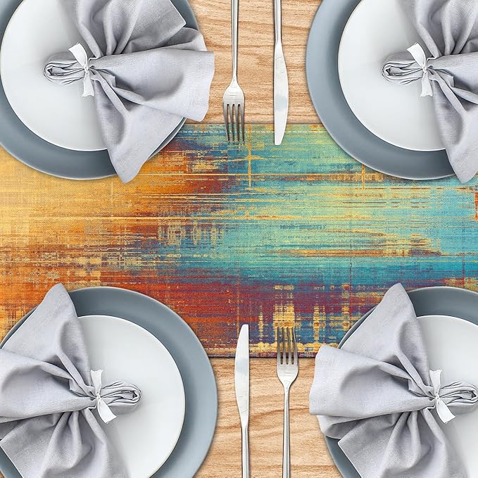 Long Table Runner Vintage Abstract Blue and Orange Table Runner Messy Rust - Image 4