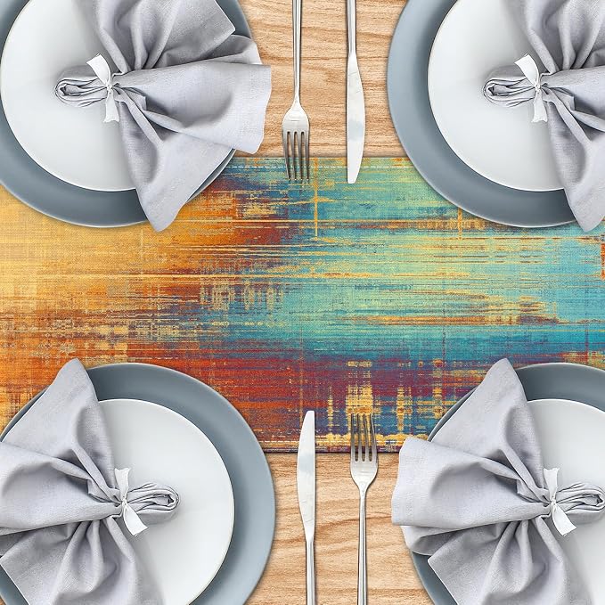 Burnt Orange Farmhouse Table Runner Vintage Abstract Blue and Orange Table - Image 4